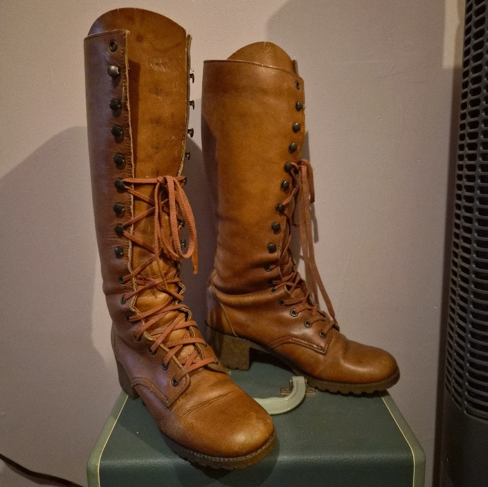 Women's Lace Up Leather Campus Boots - Brown